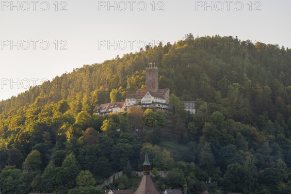 Burg auf einem mit Wald bedeckten Hügel, umgeben von herbstlichen Farben im Sonnenlicht, Bad Liebenzell, Schwarzwald, Deutschland