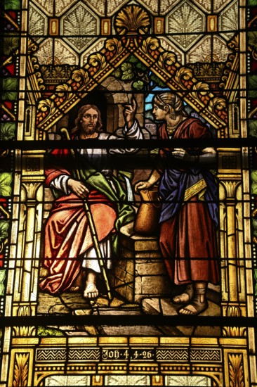 Buntglasfenster in der evangelisch-lutherischen Kirche von 1912, hergestellt von der Hofglasmalerei W. Franke in Naumburg, Lüderitz, Region Karas, Namibia