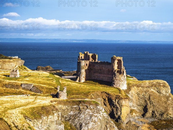 Ruins of Tantallon Castle from a drone, North Berwick, East Lothian, Scotland, UK
