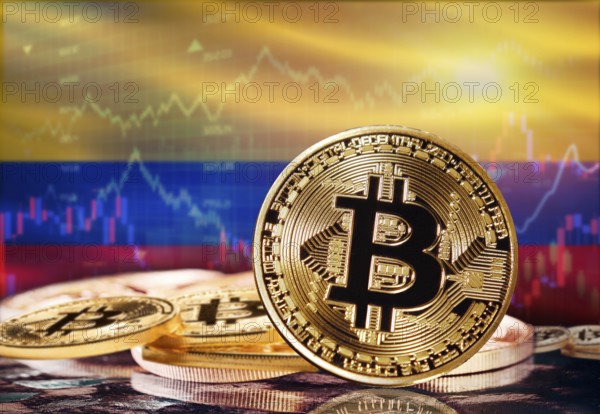 Bitcoin with Colombia flag in the background. Investors in cryptocurrency and Blockchain Technology in Colombia, Concept