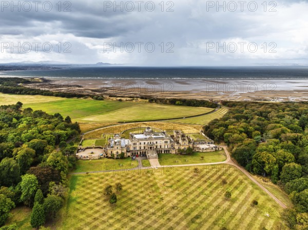 View of Gosford House from a drone, Longniddry, East Lothian, Scotland, UK