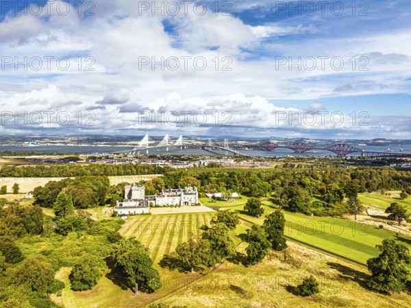 Dundas Castle over South Queensferry from a drone, Edinburgh, Scotland, UK