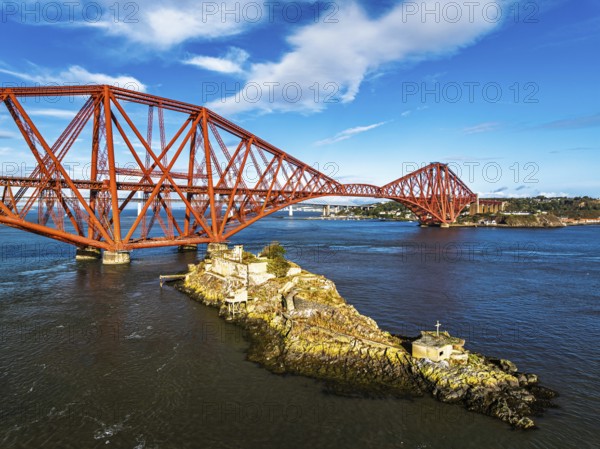 Inch Garvie Castle from a drone, Forth Bridge, Queensferry Crossing, Forth Estuary, Scotland, United Kingdom