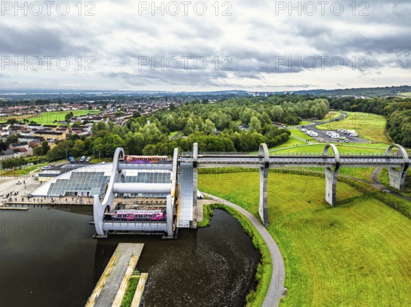 Filkirk Wheel from a drone, Forth and Clyde Canal, Falkirk, Scotland, UK