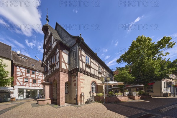 Historisches Rathaus, Fachwerkhaus, Altes Rathaus Café Hofheim am Taunus, Außenbereich mit Sonnenschirmen, Brunnen aus Stein, allgemeine Architektur, Laterne, Bäume, Altstadt, blauer Himmel, Cumuluswolken, Hauptstraße, Langgasse, Hofheim am Taunus, Main-Taunus-Kreis, Hessen, Deutschland