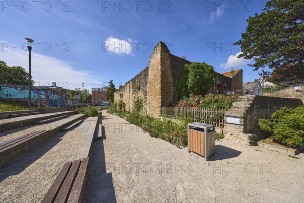 Haus der Jugend, Altes Wasserschloss, Altstadt, Stadtbefestigung, Stadtmauer, Burg, Laterne, Gartenanlage, Blumenbeete, Holzzaun, Sitzbänke, öffentlicher Mülleimer, allgemeine Architektur, blauer Himmel, Cumuluswolken, Cirrostratuswolken, Burgstraße, Hofheim am Taunus, Main-Taunus-Kreis, Hessen, Deutschland