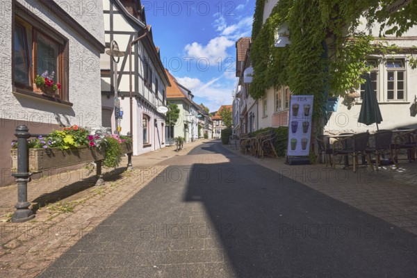 Restaurant El Cilantro Tapas, Außenbereich, Gastronomie, Absperrpoller, Laterne, Blumenkübel, Fachwerkhaus, Häuser, Froschperspektive, blauer Himmel, Cumuluswolken, Burgstraße, Hofheim am Taunus, Main-Taunus-Kreis, Hessen, Deutschland