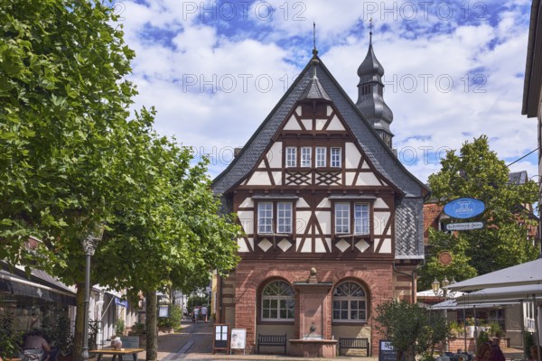 Historisches Rathaus, Altes Rathaus Café Hofheim am Taunus, Kirchturm der Pfarrkirche St. Peter und Paul, Fußgängerzone, Fachwerkhaus, allgemeine Architektur, Außenbereich einer Gastronomie mit Sonnenschirmen, Nasenschild, Bäume, blauer Himmel, Altocumuluswolken, Cumuluswolken, Kreuzung Langgasse mit Hauptstraße, Hofheim am Taunus, Main-Taunus-Kreis, Hessen, Deutschland