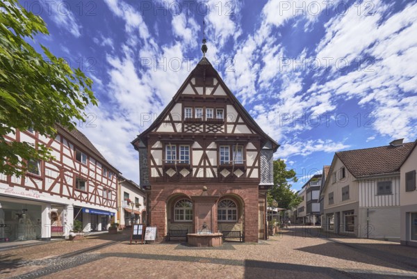 Historisches Rathaus, Fachwerkgebäude, Altes Rathaus Café Hofheim am Taunus, Fußgängerzone, Gehweg aus Pflastersteinen, allgemeine Architektur, Bäume, blauer Himmel, Altocumuluswolken, Cumuluswolken, Kreuzung Langgasse mit Hauptstraße, Hofheim am Taunus, Main-Taunus-Kreis, Hessen, Deutschland