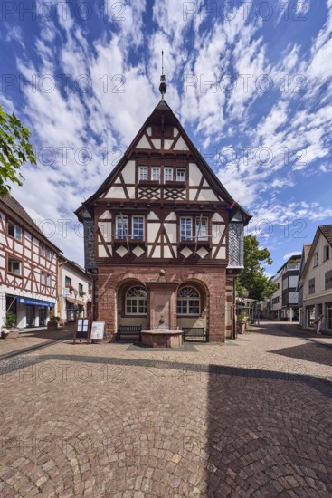 Historisches Rathaus, Fachwerkgebäude, Altes Rathaus Café Hofheim am Taunus, Fußgängerzone, Gehweg aus Pflastersteinen, allgemeine Architektur, Bäume, blauer Himmel, Altocumuluswolken, Cumuluswolken, Kreuzung Langgasse mit Hauptstraße, Hofheim am Taunus, Main-Taunus-Kreis, Hessen, Deutschland