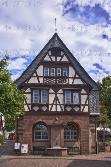 Historisches Rathaus, Altes Rathaus Café Hofheim am Taunus, Fachwerkgebäude, Gehweg aus Pflastersteinen, Bäume, blauer Himmel, Altocumuluswolken, Cumuluswolken, Kreuzung Langgasse mit Hauptstraße, Hofheim am Taunus, Main-Taunus-Kreis, Hessen, Deutschland