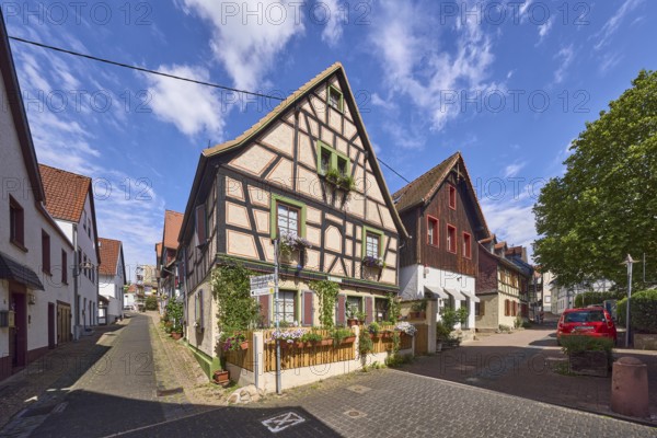 Fußgängerzone, historisches Fachwerkhaus, Gebäude, allgemeine Architektur, Bäume, blauer Himmel, Cumuluswolken, Cirrostratuswolken, Kreuzung Langgasse mit Stollbergstraße, Hofheim am Taunus, Main-Taunus-Kreis, Hessen, Deutschland