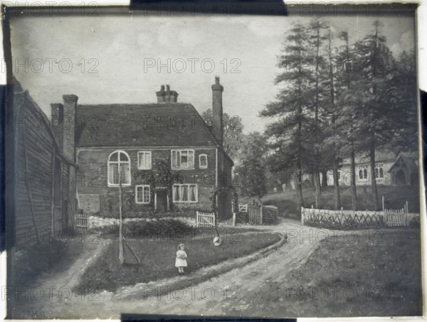 Magic lantern slide of painting girl young girl standing outside large house near a church, rural scene circa 1900, England, UK location unknown