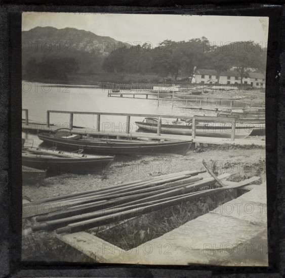 Jetties for landing boats, Lake Windermere at Waterhead, Ambleside, Lake District, Cumbria, England, UK c 1900