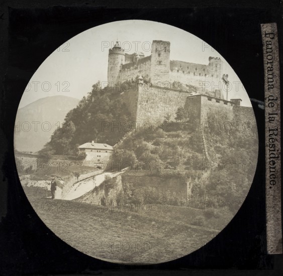 Magic lantern view Hohensalzburg fortress, Panorama de la Résidence, Salzburg, Austria 1868