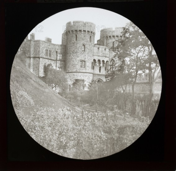 Magic lantern slide of Norman gateway towers at Windsor castle, England, UK c 1900