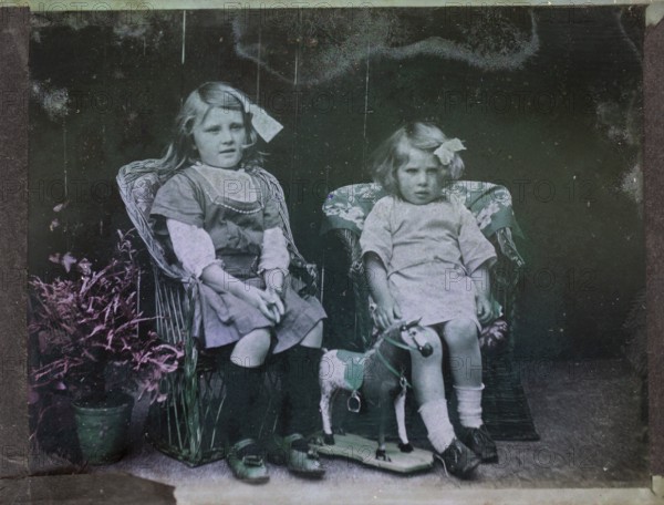 Paget process colourised magic lantern slide family portrait of two young girls presumably sisters circa 1900