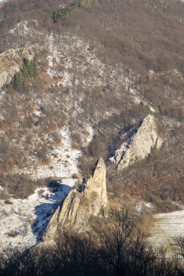 Cervenokamenské cliff (cervenokamenske bradlo), a huge rock with bushes, trees and meadows in winter, Vápec, Horná Poruba, Slovakia