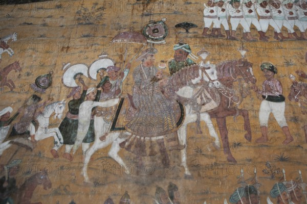 Mural painting in the Daria Daulat Bagh or Tipu Sultan's Summer Palace, Srirangapatna, Karnataka, India