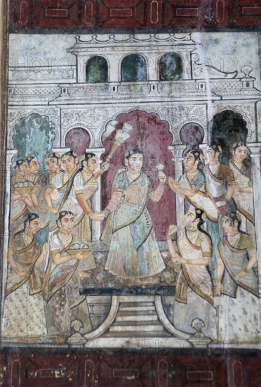 Mural painting in the Daria Daulat Bagh or Tipu Sultan's Summer Palace, Srirangapatna, Karnataka, India