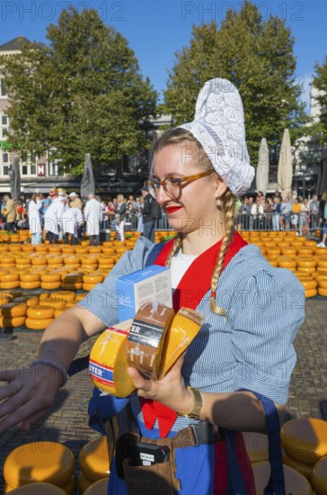 Woman in traditional traditional costume selling pieces of cheese at a market in sunny weather, Cheese market, Alkmaar, Alkmar, Noord-Holland, North Holland, Netherlands
