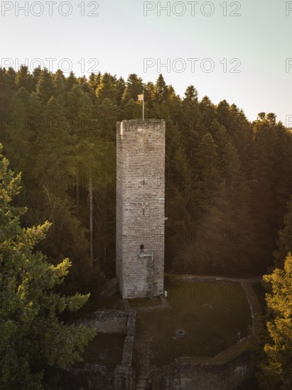A stone tower stands alone in the middle of a dense forest, surrounded by the soft colours of the setting sun, Mandelberg castle ruins, Pfalzgrafenweiler, Germany