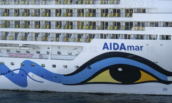 Close-up, cruise ship AIDAmar with striking blue and yellow livery, Warnemünde, Rostock, Mecklenburg-Western Pomerania, Germany