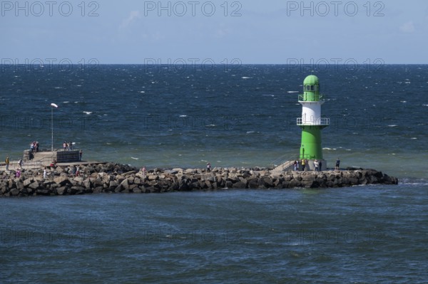 Green-white lighthouse, pier light west pier, waves, sea, Baltic Sea, Warnemünde, Rostock, Mecklenburg-Western Pomerania, Germany