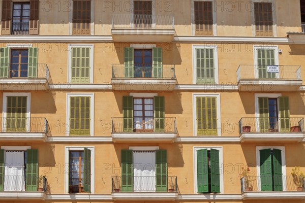 House, Facade with balconies, Placa Major, Palma de Majorca, Majorca, Balearic Islands, Spain