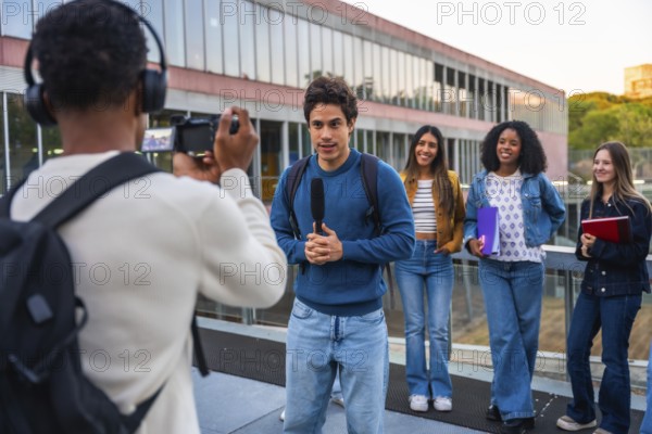 Young man with a microphone speaking while being filmed by another student wearing headphones, with a diverse group of fellow students standing behind on a university campus