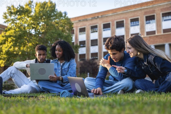 Group of diverse university students sitting on green campus grass, studying together and sharing ideas while using laptops and engaging in teamwork outdoors on a sunny day