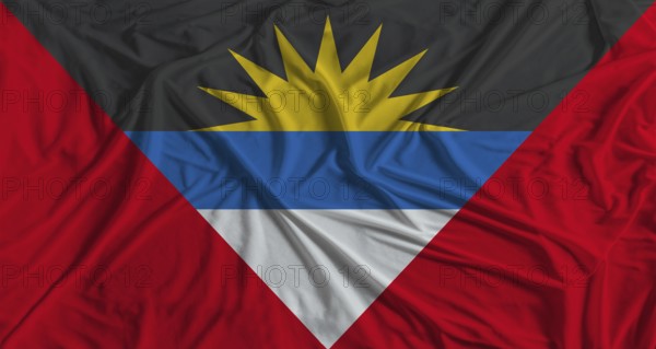 Antiguan flag with fabric texture background. National flag of Antigua and Barbuda