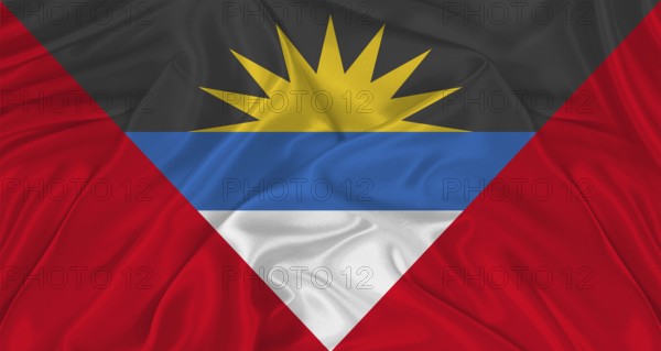 Antigua and Barbuda flag with cloth texture. Close up of Antigua and Barbuda flag waving