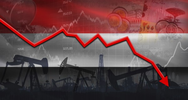 Fall oil price with flag of Yemen on economic chart, Petrol crisis with Yemen flag on financial graph