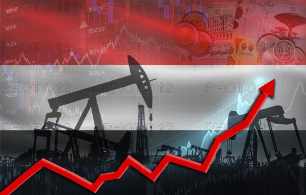 Oil production with Yemen flag, petrol industry. Oil pumps with Yemeni flag