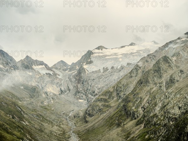 View from the Hohe Mut over the Rotmoostal to the Rotmoosferner, Wasserfallferner and the Gurgler Kamm in the Ötztal Alps, Tyrol, Austria