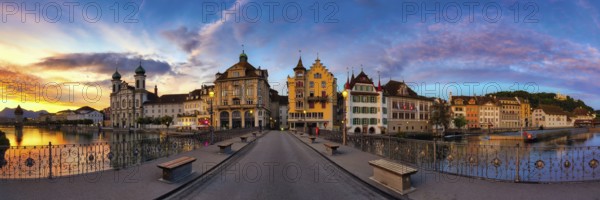 Panorama from the Reuss Bridge to Lucerne's Old Town with Jesuit Church at dawn, Canton of Lucerne, Switzerland