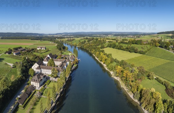 Aerial view, panorama of the former convent of the Dominican nuns St. Katharinental am Rhein near Diessenhofen, Willisdorf, Canton Thurgau, Switzerland