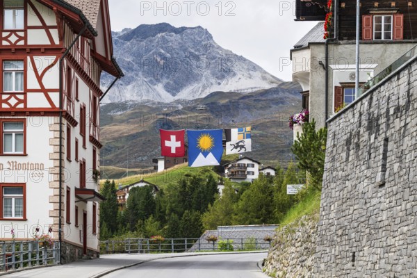 Dorfstrasse Flags Switzerland, Arosa, Graubünden, Arosa, Graubünden, Switzerland