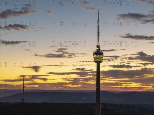 Close-up of an illuminated television tower at dawn, Stuttgart-Degerloch, Baden-Württemberg, Germany