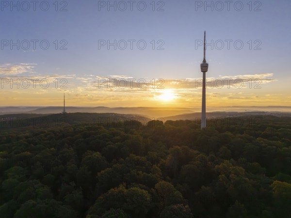 Hilly wooded landscape with television tower at sunrise in the background, Stuttgart-Degerloch, Baden-Württemberg, Germany