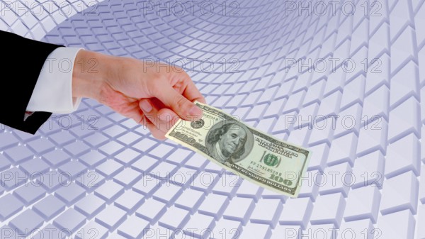 Symbolic image, hand extends 100-dollar note, Wall Street and Dax upswing, President Trump's erratic decisions, global tariffs, share prices, euro, euro exchange rate, euro high, exchange rates, dollar parity, financial investment, recession worries, inflation, exports, raw materials and primary products in dollars, oil in dollars, world crisis, Ukraine war, Germany, loss of democracy, autocracy, China, Russia