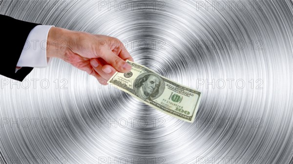 Symbolic image, hand reaches out 100-dollar note, purchasing power, stable currency, currency war, Wall Street and Dax upswing, President Trump's erratic decisions, global tariffs, tariffs, share prices, euro, euro exchange rate, euro high, exchange rates, dollar parity, investment, recession worries, inflation, exports, raw materials and primary products in dollars, oil in dollars, world crisis, Ukraine war, Germany, loss of democracy, autocracy, China, Russia