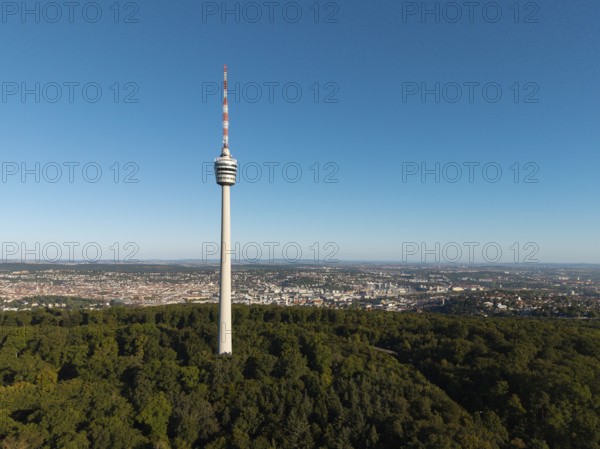 Television tower rises above a wooded area with an urban view, Stuttgart, Baden-Württemberg, Germany
