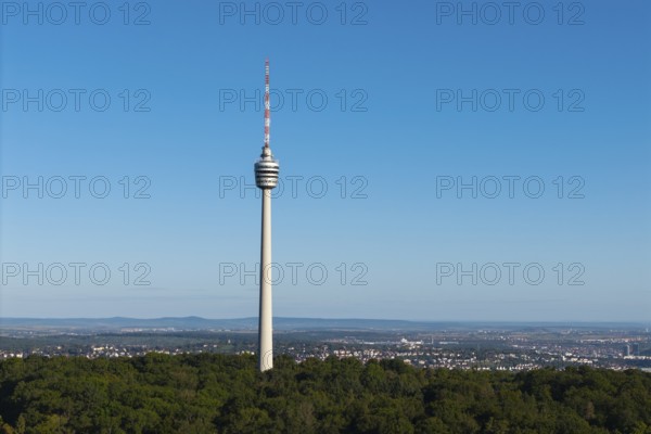 Detailed view of a television tower, embedded in forests, with a wide view of the city under a blue sky, Stuttgart, Baden-Württemberg, Germany