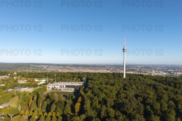 Stuttgart television tower stands above a forest with a sweeping city view in the background, Gazi Stadium, Stuttgart, Baden-Württemberg, Germany