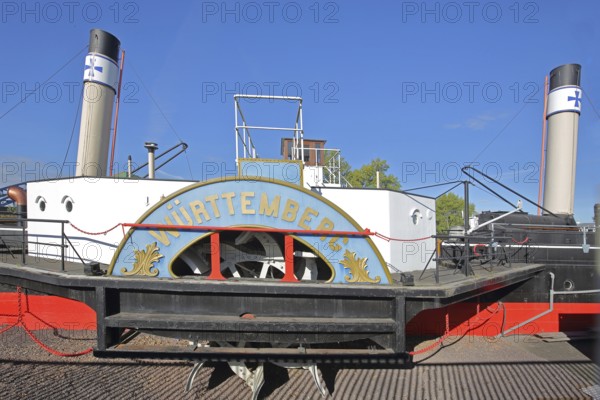 Historic paddle steamer Württemberg ship museum, ship, tugboat, chimneys, inscription, Rotehorn, municipal park, Rotehornpark, Magdeburg, Saxony-Anhalt, Germany