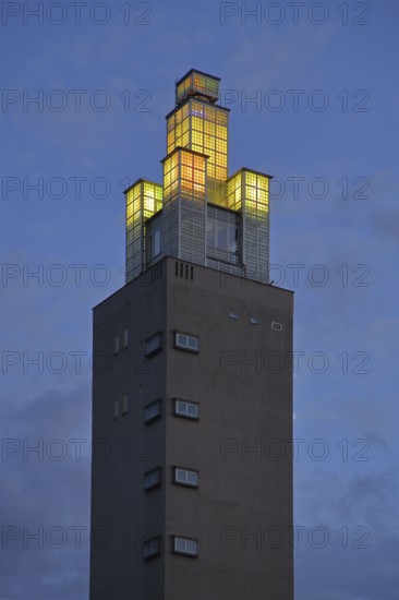 Albinmüller Tower built in 1927 by architect Albin Müller, spire with illumination during twilight, night shot, Albinmüller Tower, Rotehorn, municipal park, Rotehornpark, Magdeburg, Saxony-Anhalt, Germany