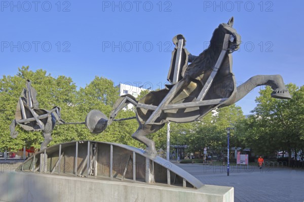 Magdeburg hemispheres by Thomas Virnich 2012, monument to physicist and mathematician Otto von Guericke, two equestrian figures pull apart halved sphere, inventor, negative pressure, vacuum, symbol, power, strength, separate, struts, inside, landmark, Ratswappenplatz, Magdeburg, Saxony-Anhalt, Germany
