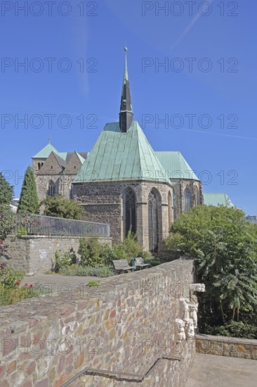 Gothic Magdalen Chapel, sculptures of Magdeburg originals on the city wall and Romanesque St Peter's Church, Romanesque Road, Magdeburg, Saxony-Anhalt, Germany